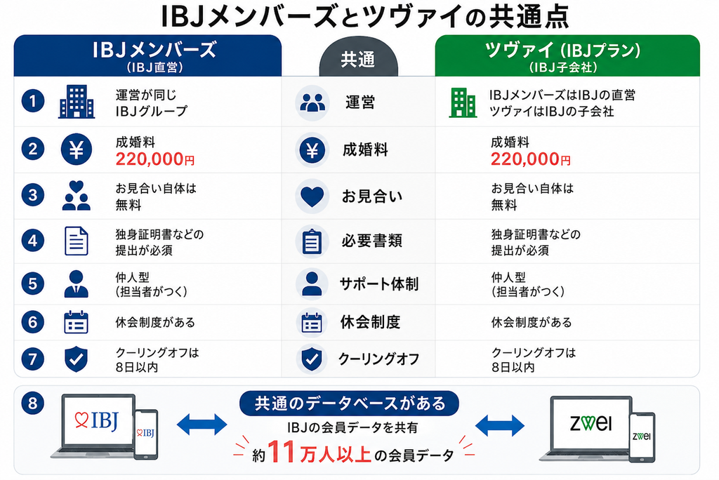 IBJメンバーズとツヴァイの共通点8つを並べた比較図。運営・成婚料220,000円・お見合い無料・必要書類・仲人型のサポート体制・休会制度・クーリングオフが共通で、IBJの会員データベース約11万人以上を共有している