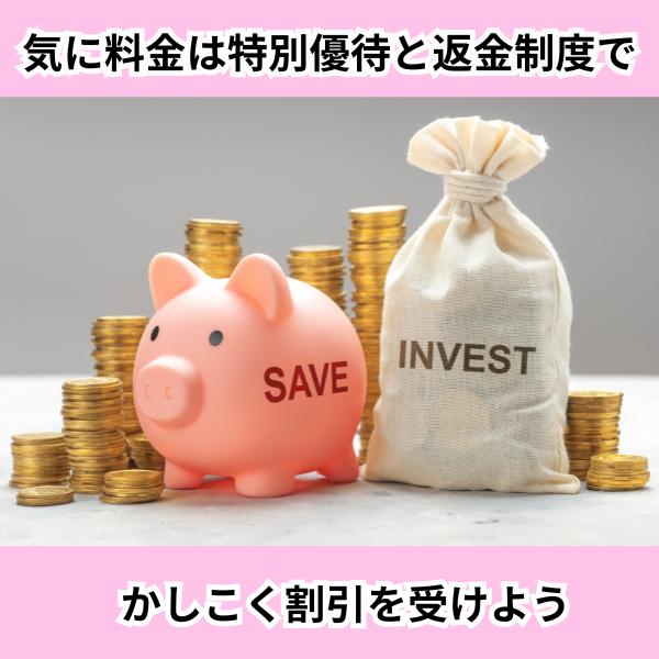 ブタの貯金箱とコインの山、INVESTと書かれた袋の写真。「気に料金は特別優待と返金制度で かしこく割引を受けよう」の文字が入っている