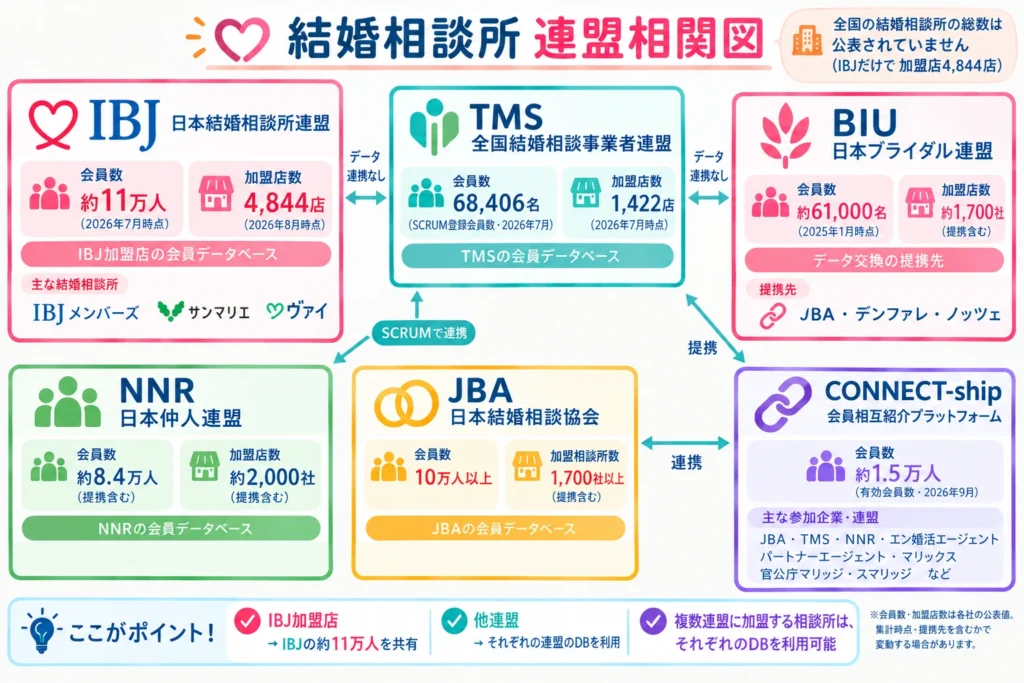結婚相談所の主な連盟(IBJ・TMS・BIU・NNR・JBA)とコネクトシップの会員数・加盟店数、会員データのつながりを示した相関図