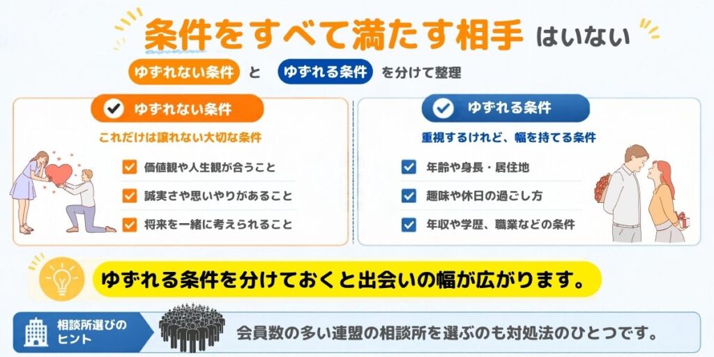 条件をすべて満たす相手はいないことを示した図解。ゆずれない条件(価値観・誠実さ・将来を一緒に考えられること)とゆずれる条件(年齢・身長・居住地・趣味・年収・学歴・職業)に分けて整理する