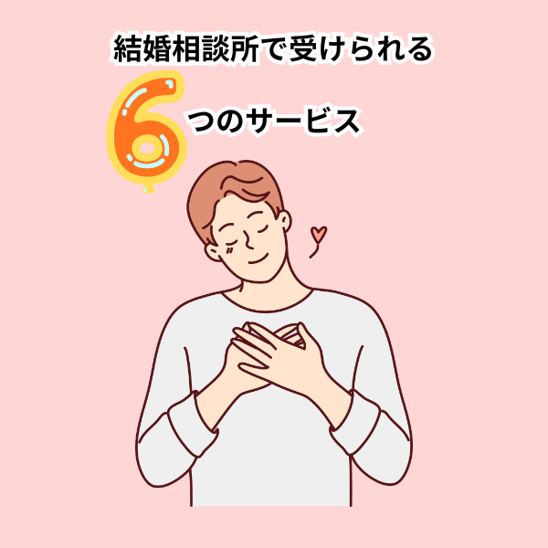 「結婚相談所で受けられる6つのサービス」の文字と、胸に手を当ててほほえむ男性のイラスト